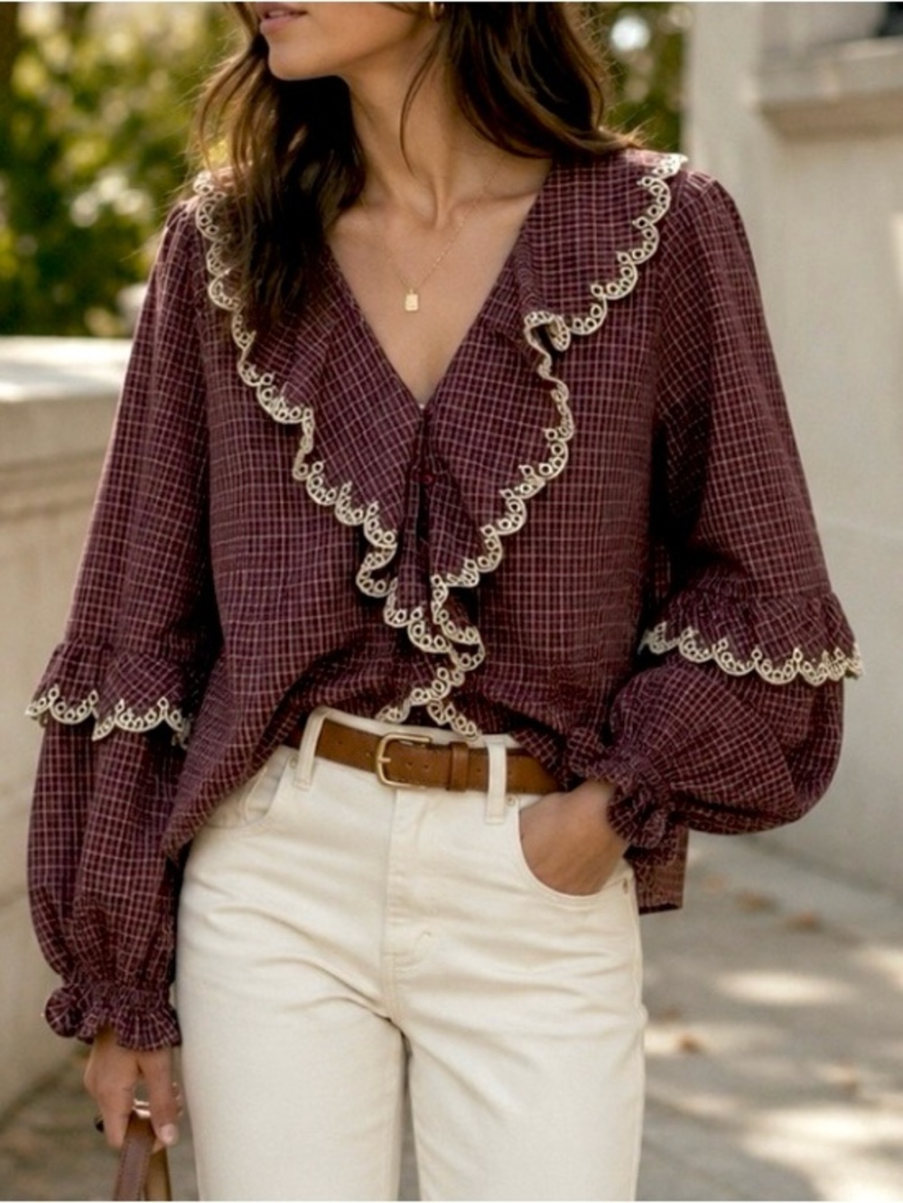 Caroline Constas Ruffled Plaid Embroidered wide long sleeve Cotton blouse S M